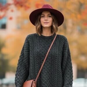 Quills Charcoal Grey Vintage Ireland Wool Chunky Knit Sweater Cable XL Cozy